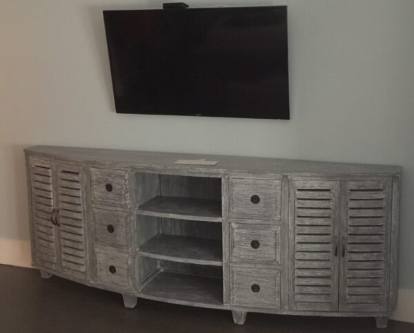 Half Moon Console - 8ft- Grey Wash in home under TV