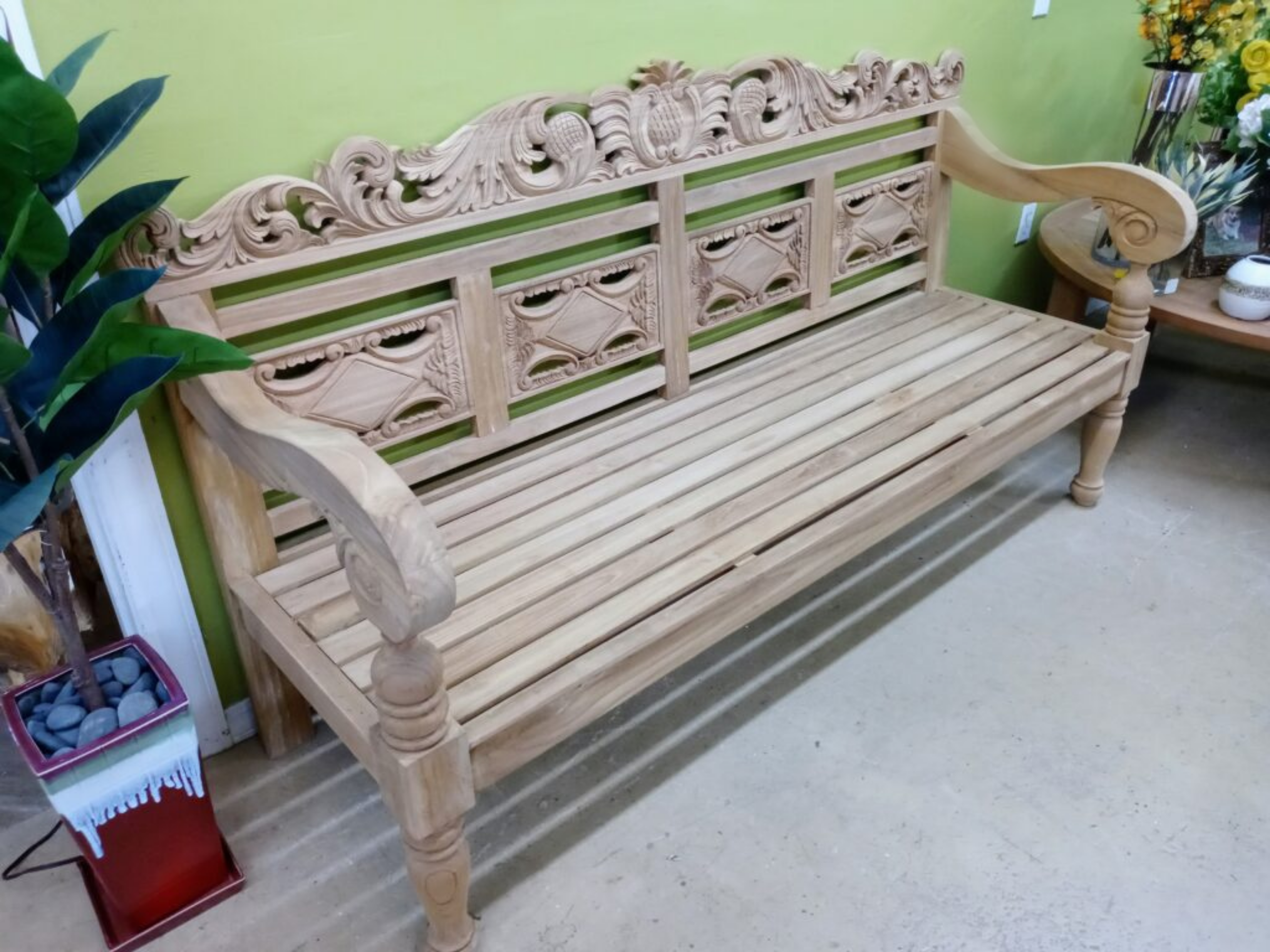 Geometric Carved Wooden Bench