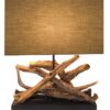Driftwood lamp with rectangular beige shade.