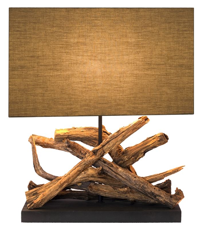 Driftwood lamp with rectangular beige shade.